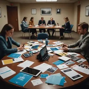 Business meeting with documents and devices.