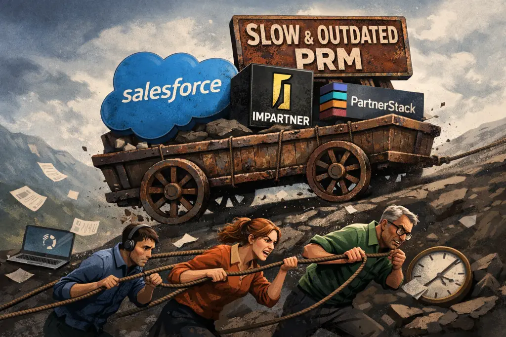 Illustration of three professionals struggling to pull a heavy cart uphill labeled “Slow & Outdated PRM,” loaded with legacy PRM logos, symbolizing how traditional partner management systems slow down partner teams.