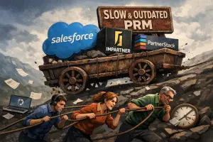 Illustration of three professionals struggling to pull a heavy cart uphill labeled “Slow & Outdated PRM,” loaded with legacy PRM logos, symbolizing how traditional partner management systems slow down partner teams.
